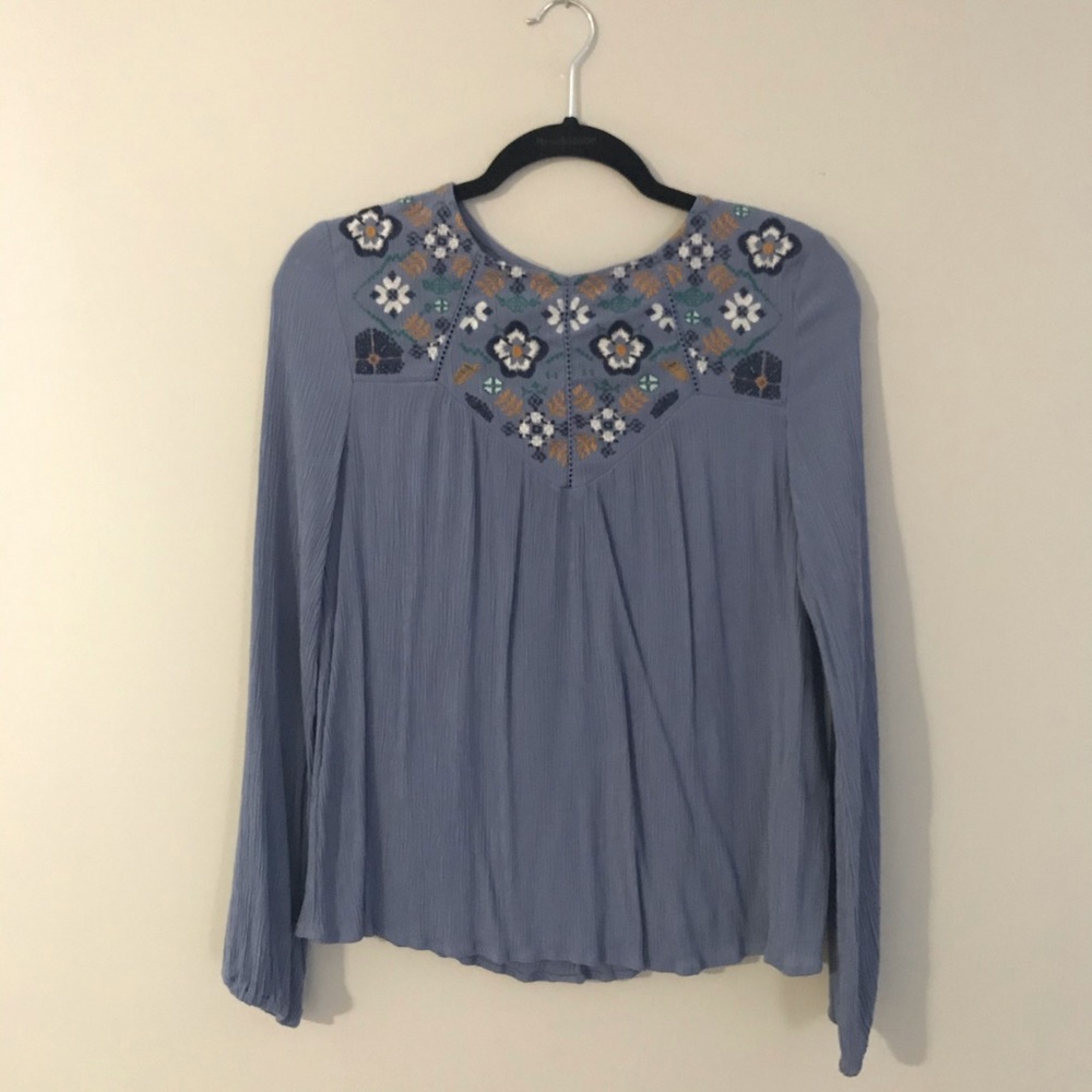 Dusty Blue Embroidered Long Sleeve Top Size Xs